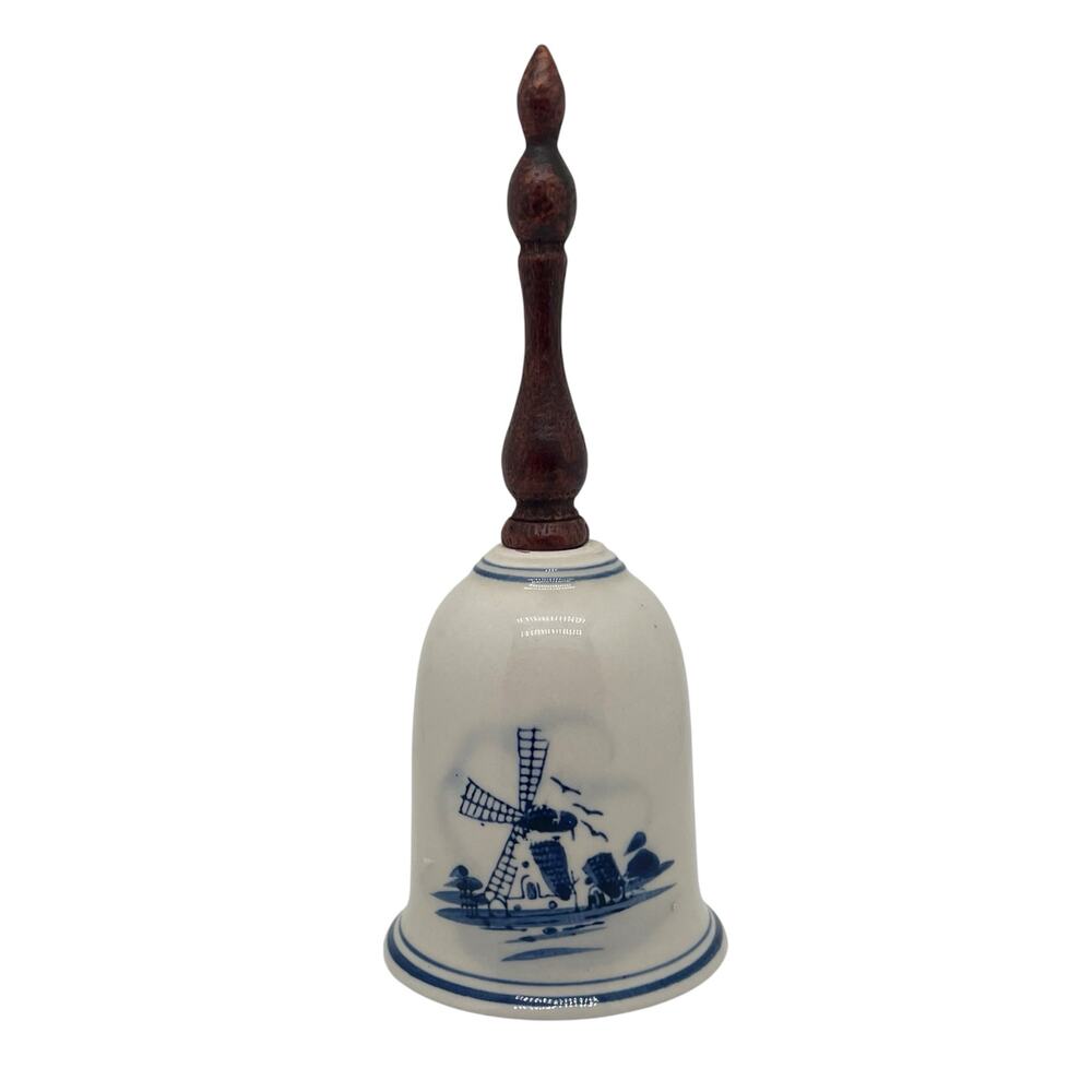 Vintage Delft Ceramic Hand Painted Windmill Bell with Wooden Handle
